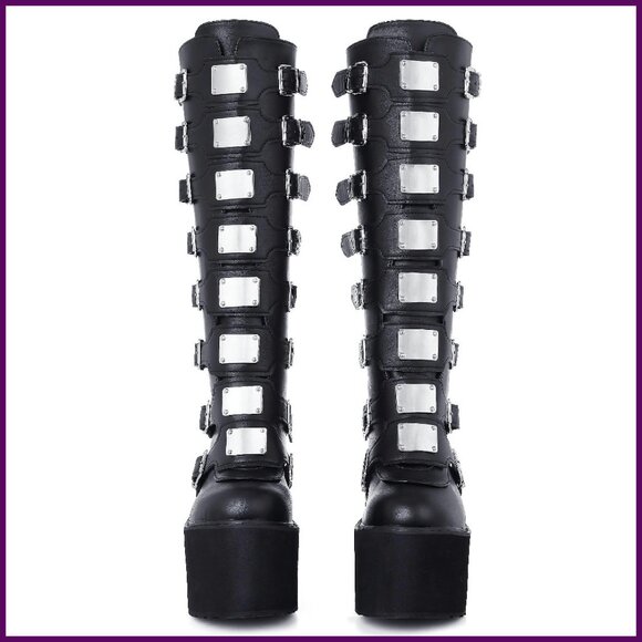 Wedge Platform Knee High Boots Punk Goth Combat Zip Round-Toe